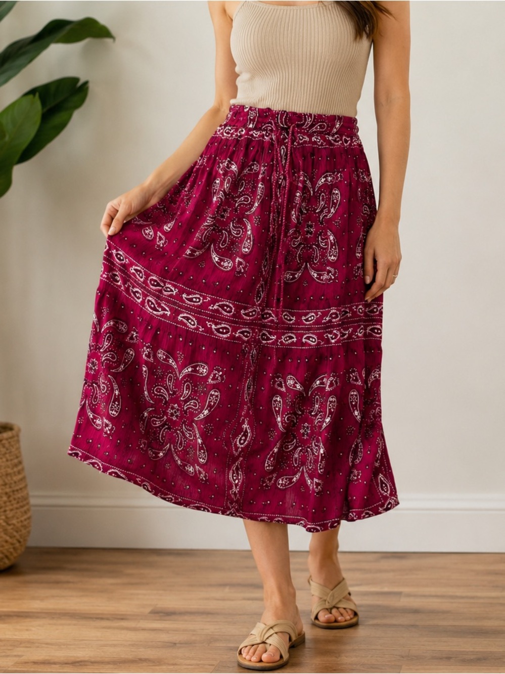 VTG Red Handkerchief Paisley Midi Skirt Sz Medium Drawstring Waist Patriotic